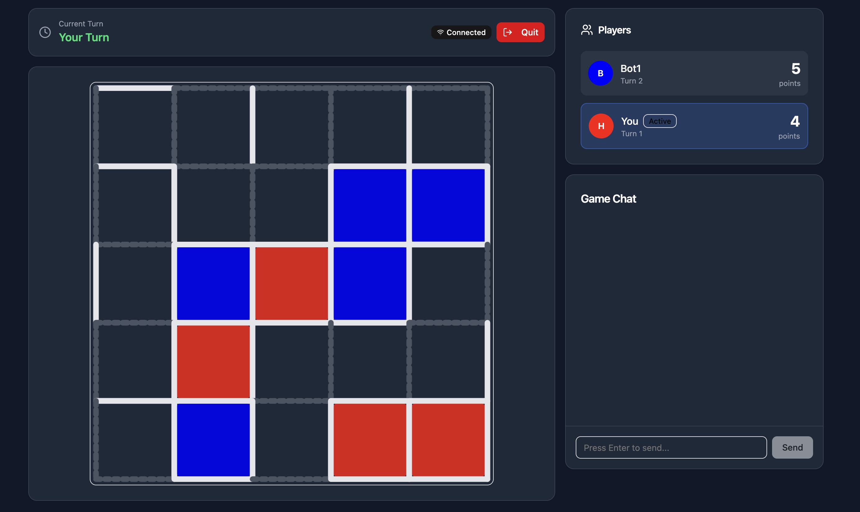 Gameplay image of Dots and Boxes Online, a self-hosted multiplayer game running on a homelab.